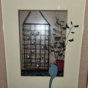 Framed Hand Painted Cat and Birdcage 3 Dimensional Wall Art - Blue Cat AUTHENTIC